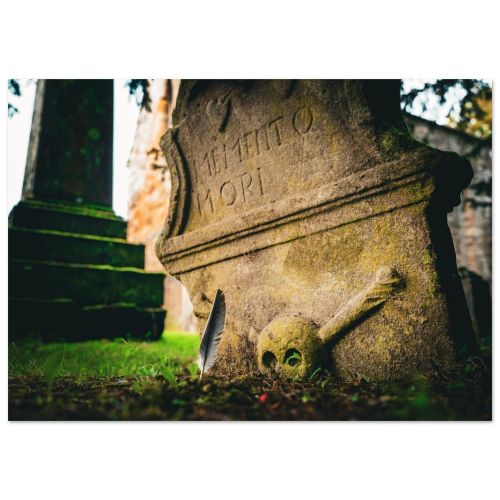 Feather Grave and Hearts | Detailed Memento Mori Stone Carving | Macro Art | Premium Matte Paper Poster