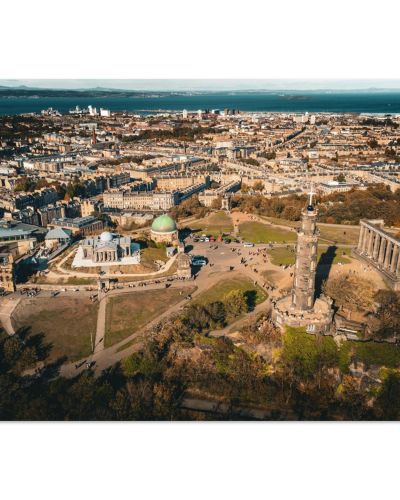 Calton Hill Aerial Panorama | Edinburgh Cityscape Scotland Monuments Overview | Drone Photography | Premium Matte Paper Poster