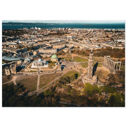 Calton Hill Aerial Panorama | Edinburgh Cityscape Scotland Monuments Overview | Drone Photography | Premium Matte Paper Poster