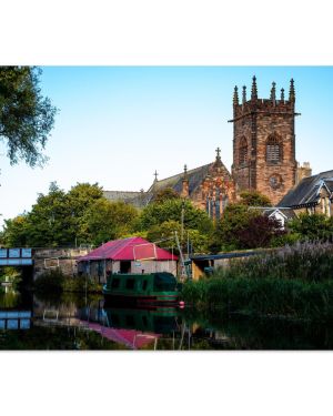 Canal Boat and Church Tower | Union Canal Edinburgh | Urban Landscape Photography | Premium Matte Paper Poster
