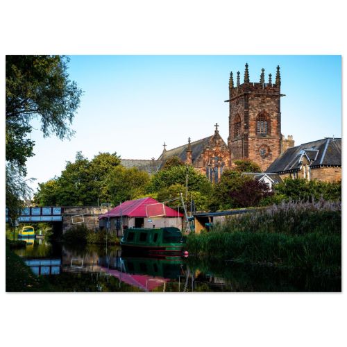 Canal Boat and Church Tower | Union Canal Edinburgh | Urban Landscape Photography | Premium Matte Paper Poster