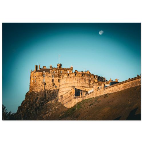 Edinburgh Castle with Moon | Historic Fortress Castle Rock Scotland Golden Hour | Landmark Photography | Premium Matte Paper Poster