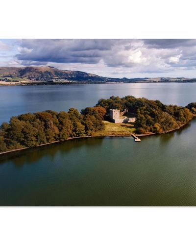 Loch Leven Castle Isolation | Aerial View of Island Fortress in the Loch | Drone Photography | Premium Matte Paper Poster