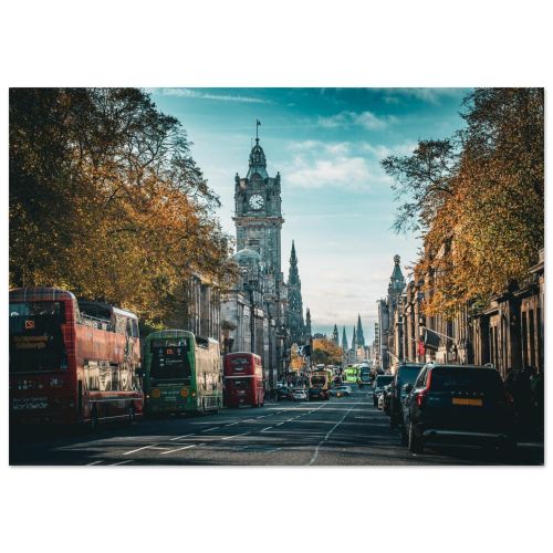 Edinburgh Princes Street with Balmoral Clock Tower | Autumn City Life Scotland Red Buses | Urban Street Photography | Premium Matte Paper Poster