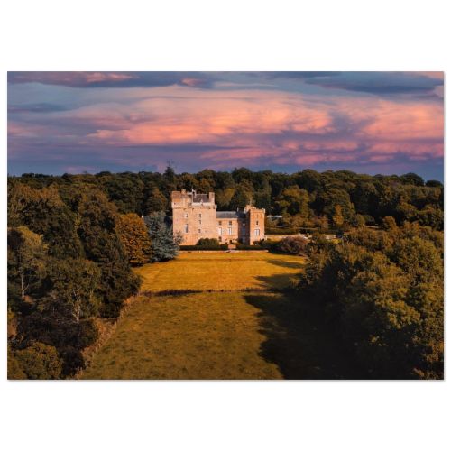 Lenoxlove House at Golden Hour | Historic Scottish Castle East Lothian | Aerial Drone Photography | Premium Matte Paper Poster