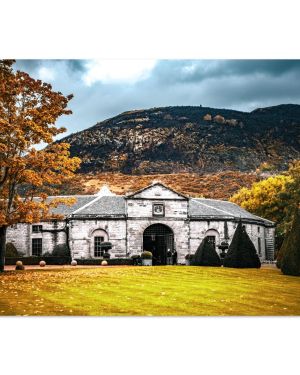 Prestonfield House Stables with Arthur’s Seat | Historic Edinburgh Landmark Autumn Foliage Scotland | Heritage Landscape Photography | Premium Matte Paper Poster