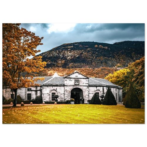 Prestonfield House Stables with Arthur’s Seat | Historic Edinburgh Landmark Autumn Foliage Scotland | Heritage Landscape Photography | Premium Matte Paper Poster