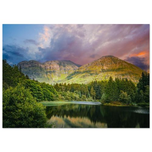 Mountain Lake Sunset | Glencoe Highlands Scotland | Landscape Photography | Premium Matte Paper Poster