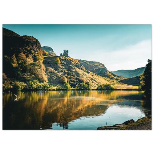 St Anthony’s Chapel Ruins at St Margaret’s Loch | Holyrood Park Edinburgh Scotland Golden Reflections | Historic Landscape Photography | Premium Matte Paper Poster