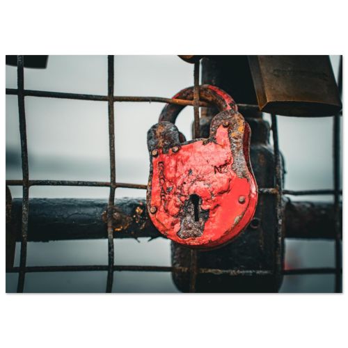 Newhaven Harbour Details | Weathered Red Padlock on Rustic Blue Door | Nautical Macro Art | Premium Matte Paper Poster