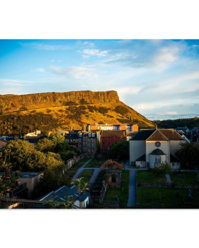 Arthur’s seat, Salisbury crags and Cannongate Kirk at sunset – Premium Matte Paper Poster
