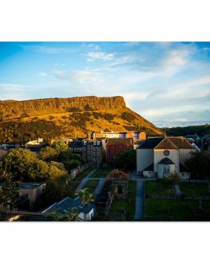 Arthur’s seat, Salisbury crags and Cannongate Kirk at sunset – Premium Matte Paper Poster