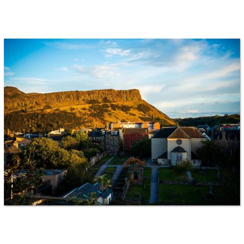 Arthur’s seat, Salisbury crags and Cannongate Kirk at sunset – Premium Matte Paper Poster