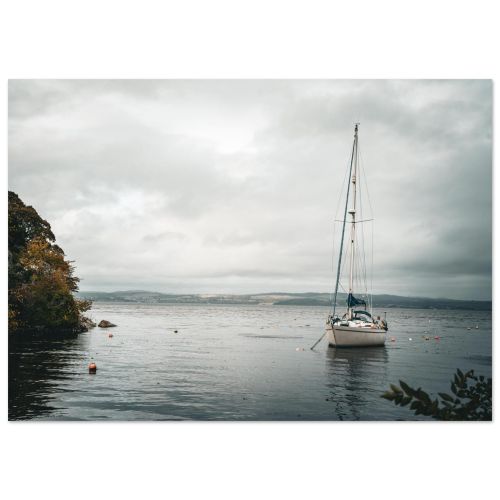 Lonely Sailboat on Overcast Day | Firth of Forth Cramond Waterfront | Moody Scottish Marine Landscape | Premium Matte Paper Poster