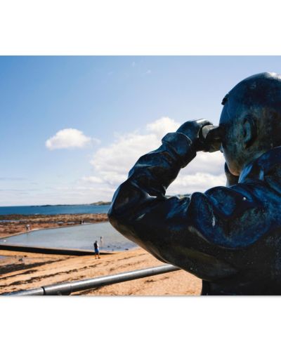 Bronze Telescope Statue Overlooking Bass Rock | North Berwick East Lothian Scotland | Coastal Sculpture Photography | Premium Matte Paper Poster