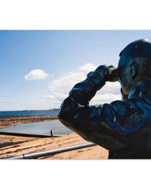 Bronze Telescope Statue Overlooking Bass Rock | North Berwick East Lothian Scotland | Coastal Sculpture Photography | Premium Matte Paper Poster
